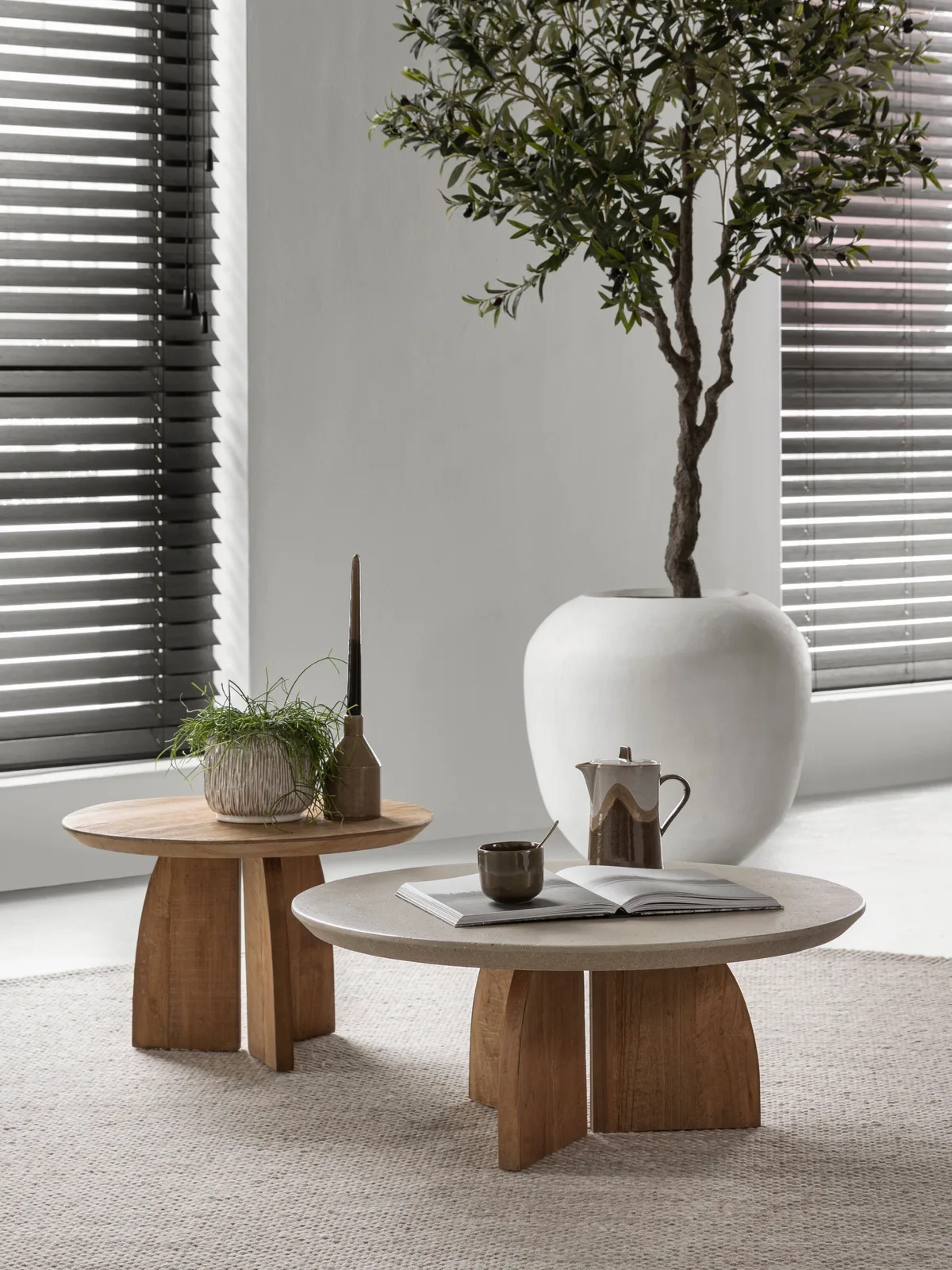 Zwei Couchtische Nova in einem hellen Wohnzimmer mit Pflanzen und einem Teppich - DTP Home