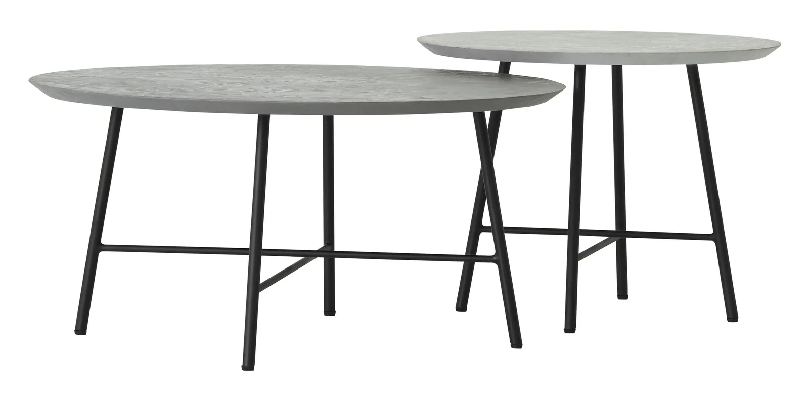 Zwei Couchtisch Scala Delta Air Tische mit runden Platten und schwarzen Metallbeinen auf weißem Hintergrund - DTP Home