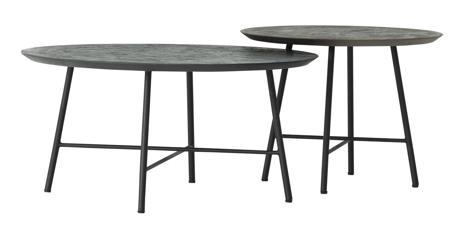 Zwei DTP Home Couchtische Scala Delta Earth mit runden Platten und schwarzen Metallbeinen auf weißem Hintergrund