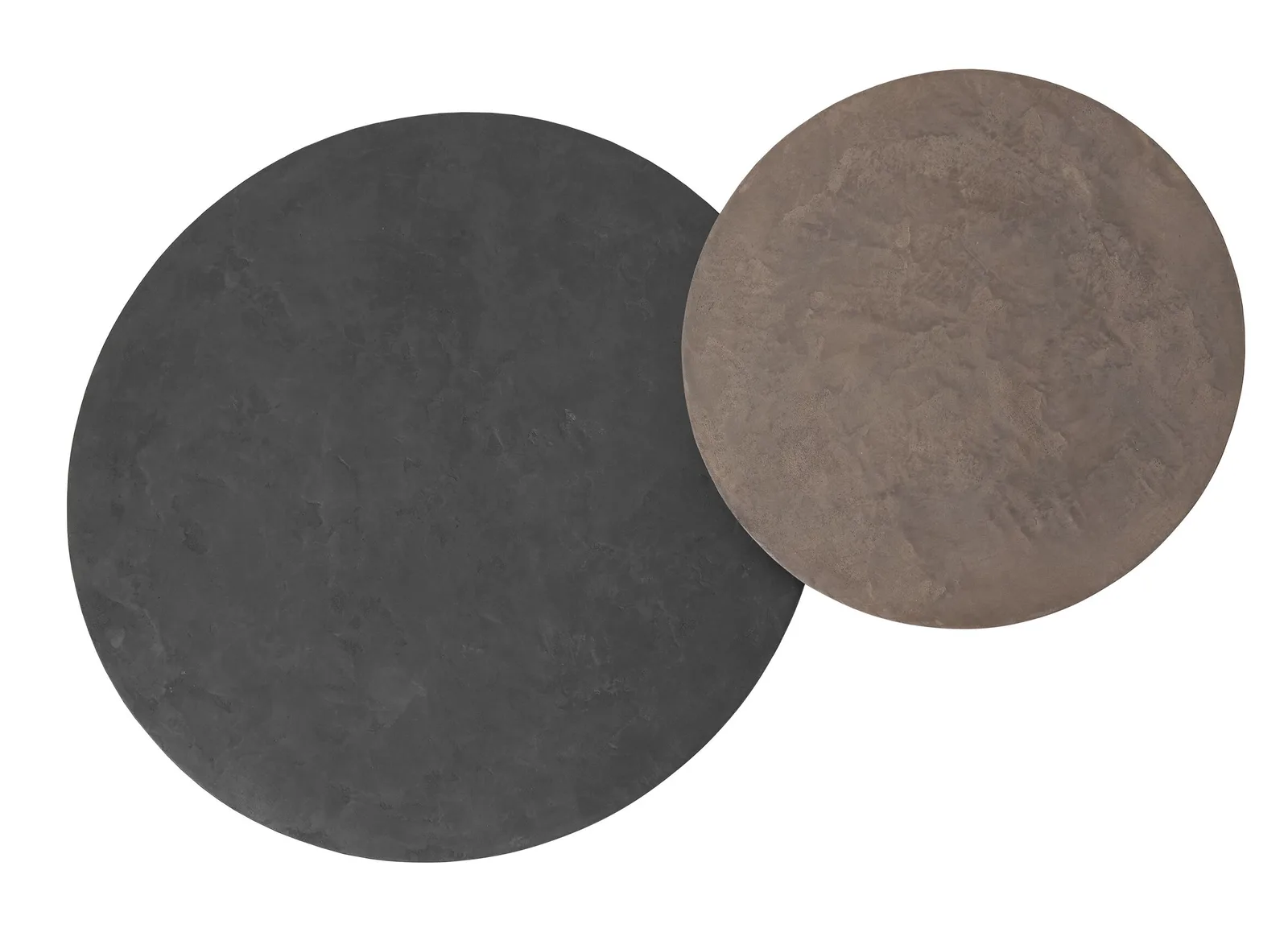 Twee ronde Salontafels Delta Earth, een donkergrijs en een bruin, overlappen elkaar op een witte achtergrond - DTP Home