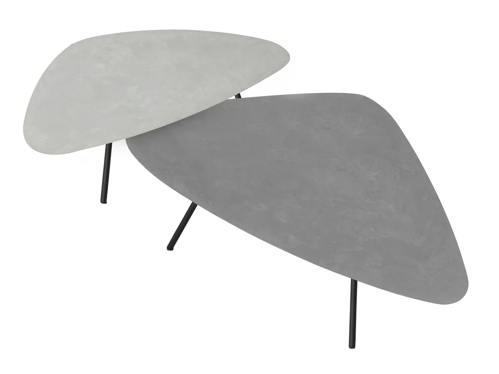 Salontafel Plectro Air met twee organisch gevormde bladen in licht- en donkergrijs op zwarte poten, vanuit een hoog standpunt gefotografeerd op een witte achtergrond - DTP Home