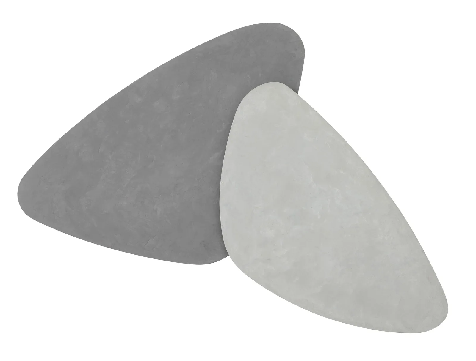 Couchtisch Scala Plectro Air, bestehend aus zwei organisch geformten Platten in Grau und Hellgrau, auf weißem Hintergrund - DTP Home