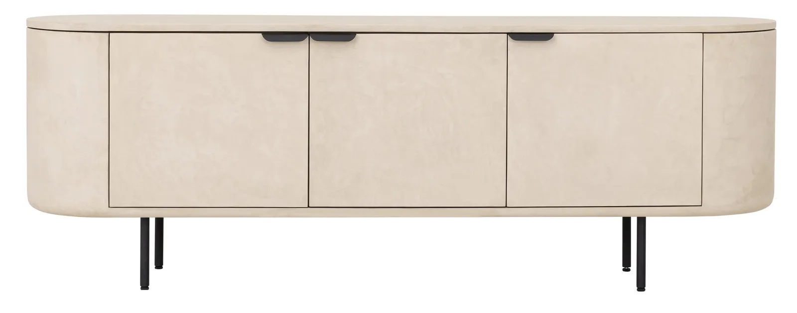 Tv-meubel Loft medium op zwarte poten, beige, met drie deuren en zwarte handgrepen op een witte achtergrond - DTP Home