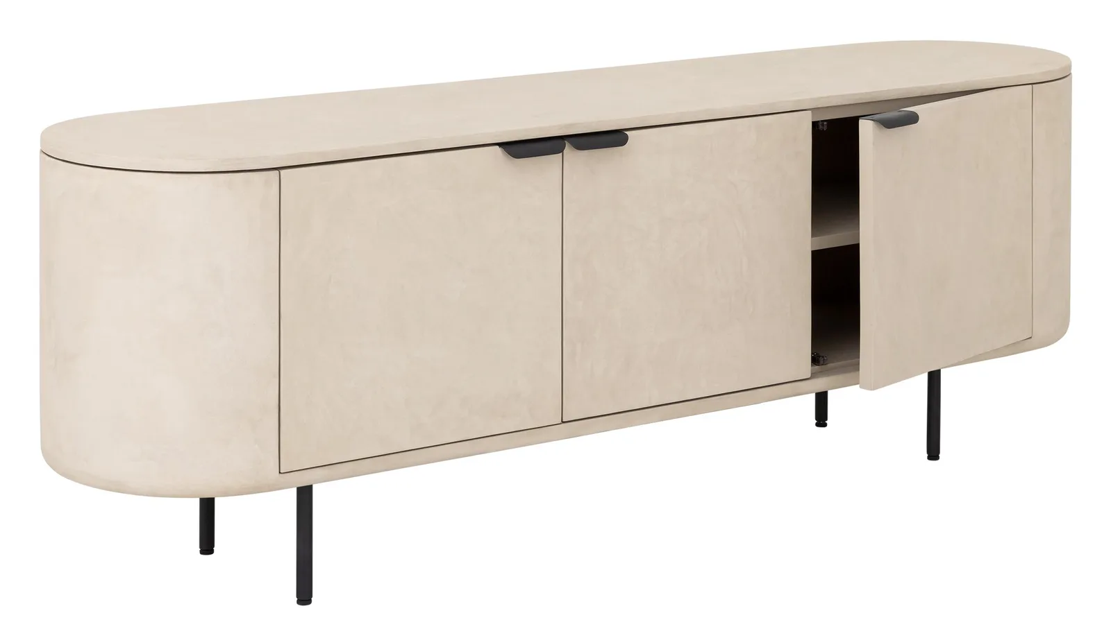 Tv-meubel Loft medium op een witte achtergrond, met de rechterdeur open en twee legplanken zichtbaar - DTP Home