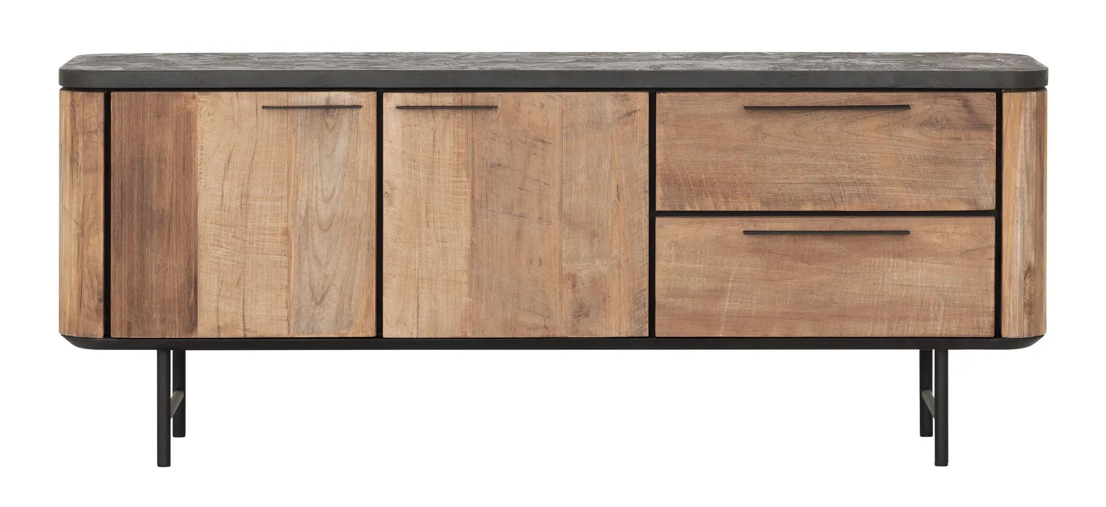 Tv-meubel Soho small met twee deuren en twee lades op een witte achtergrond, frontaal gezien - DTP Home