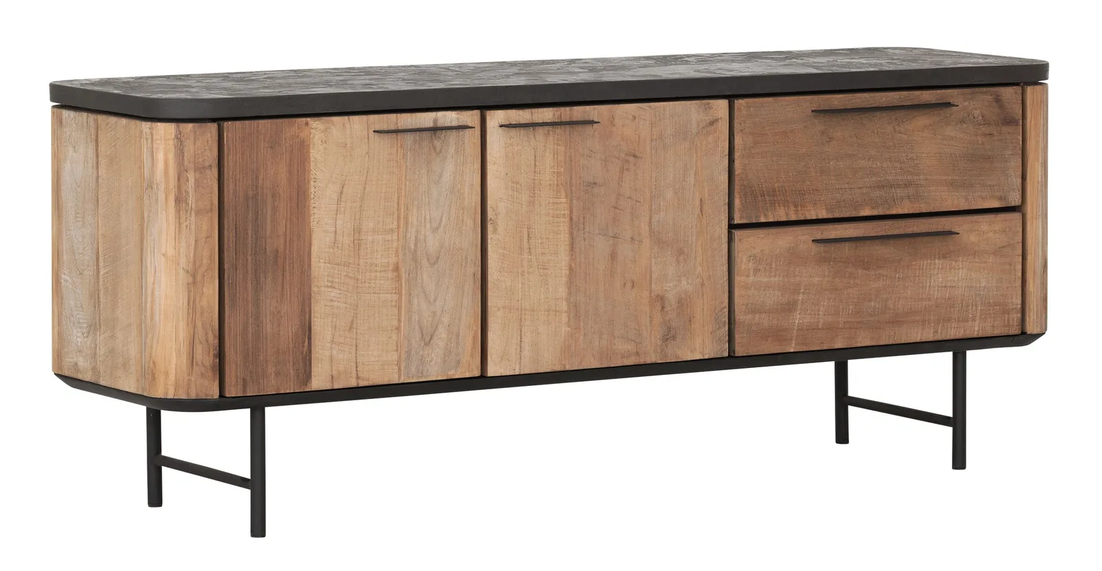 Tv-meubel Soho small op een witte achtergrond, met een donker blad en twee lades en twee deuren - DTP Home