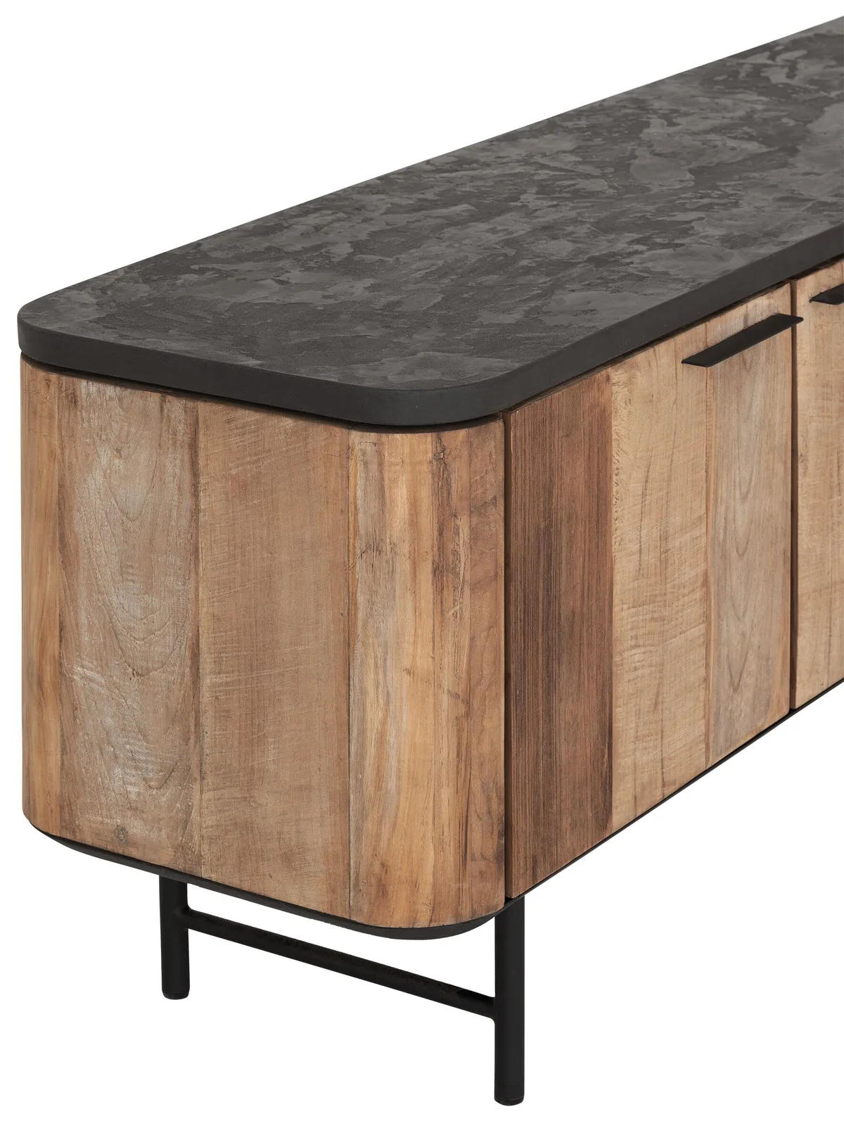 Close-up van het Soho small tv-meubel op een witte achtergrond, met de houten kast en het donkere blad - DTP Home