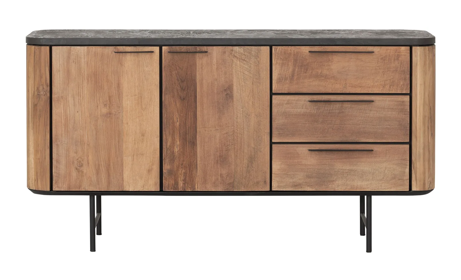 Dressoir Soho op een witte achtergrond, met twee deuren en drie lades en zwarte metalen poten - DTP Home