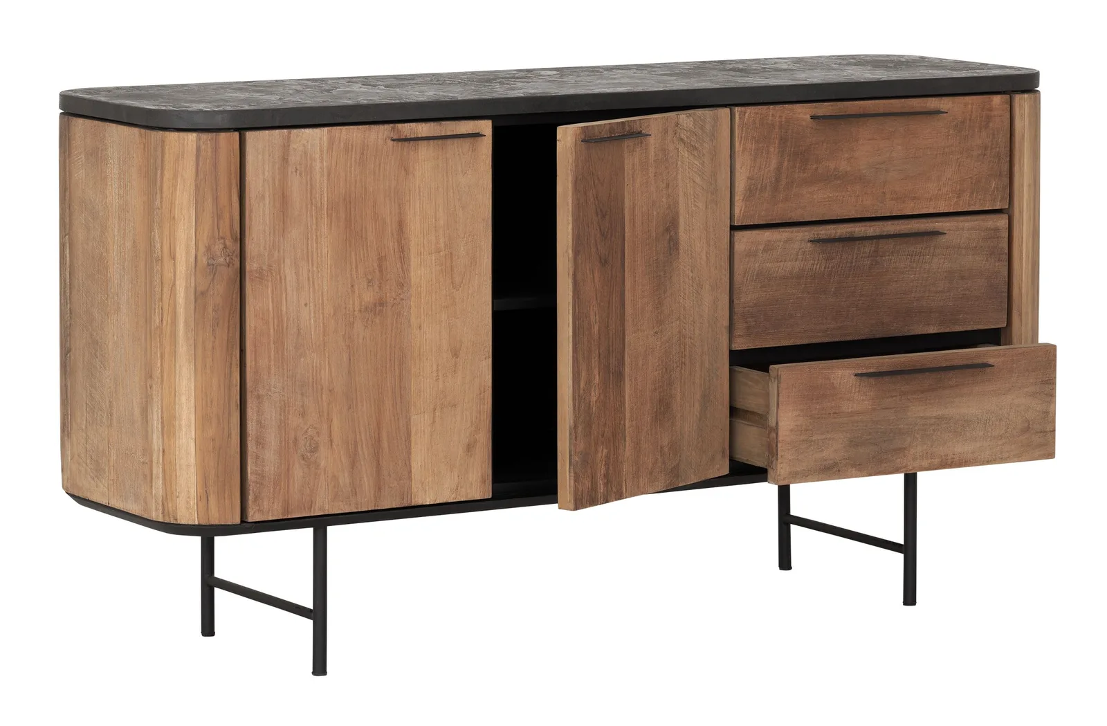 Kommode Soho auf weißem Hintergrund, mit geöffneten Türen und Schubladen, von vorne fotografiert - DTP Home