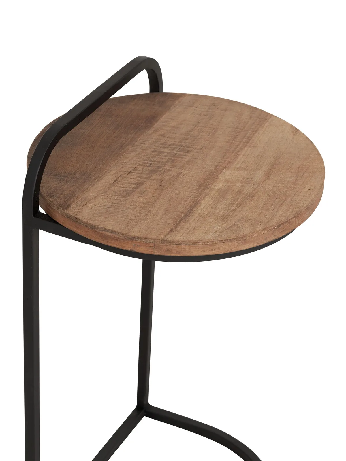 Close-up van de Laptoptafel Soho, met nadruk op het ronde houten blad en het zwarte metalen frame - DTP Home