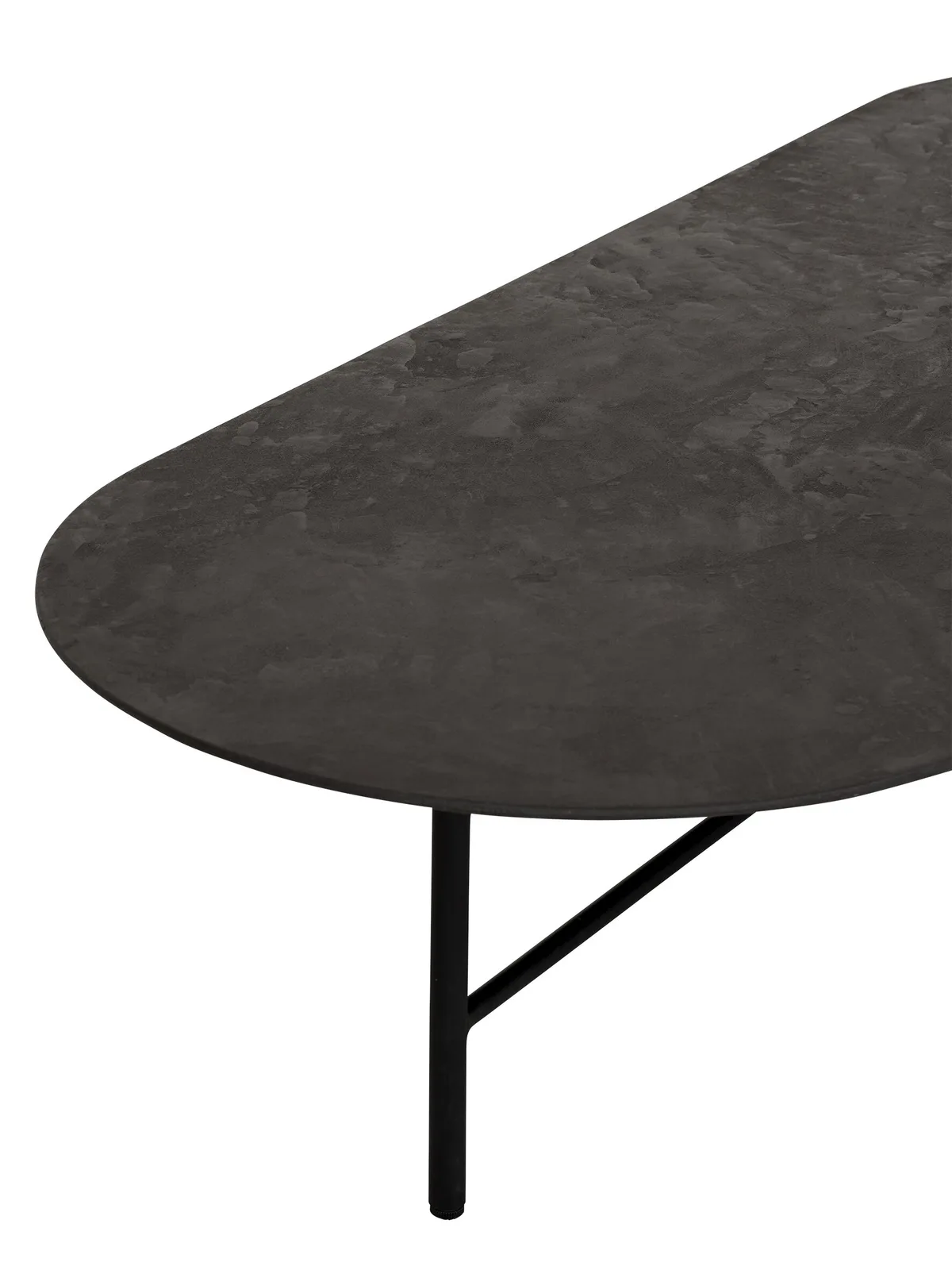 Close-up van de Salontafel Soho 2 met een donker tafelblad en zwarte metalen poten op een witte achtergrond - DTP Home