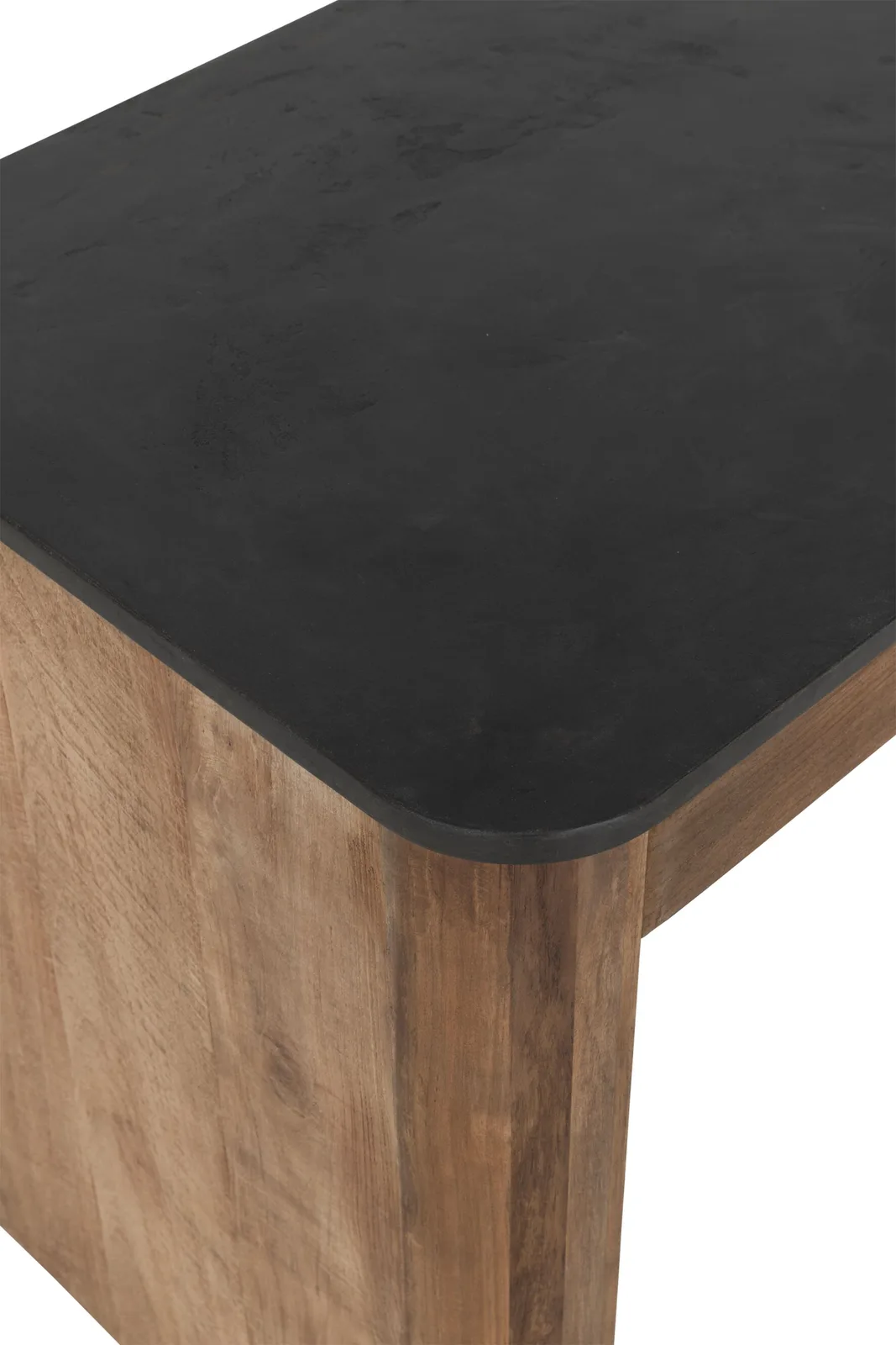Detailopname van het Bureau Soho, met de afgeronde hoek van het donkere blad en de houten zijkant - DTP Home