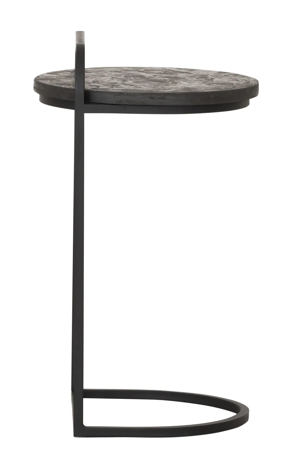 Laptoptafel Soho 2 op een witte achtergrond, met een rond tafelblad en een slank zwart metalen frame - DTP Home