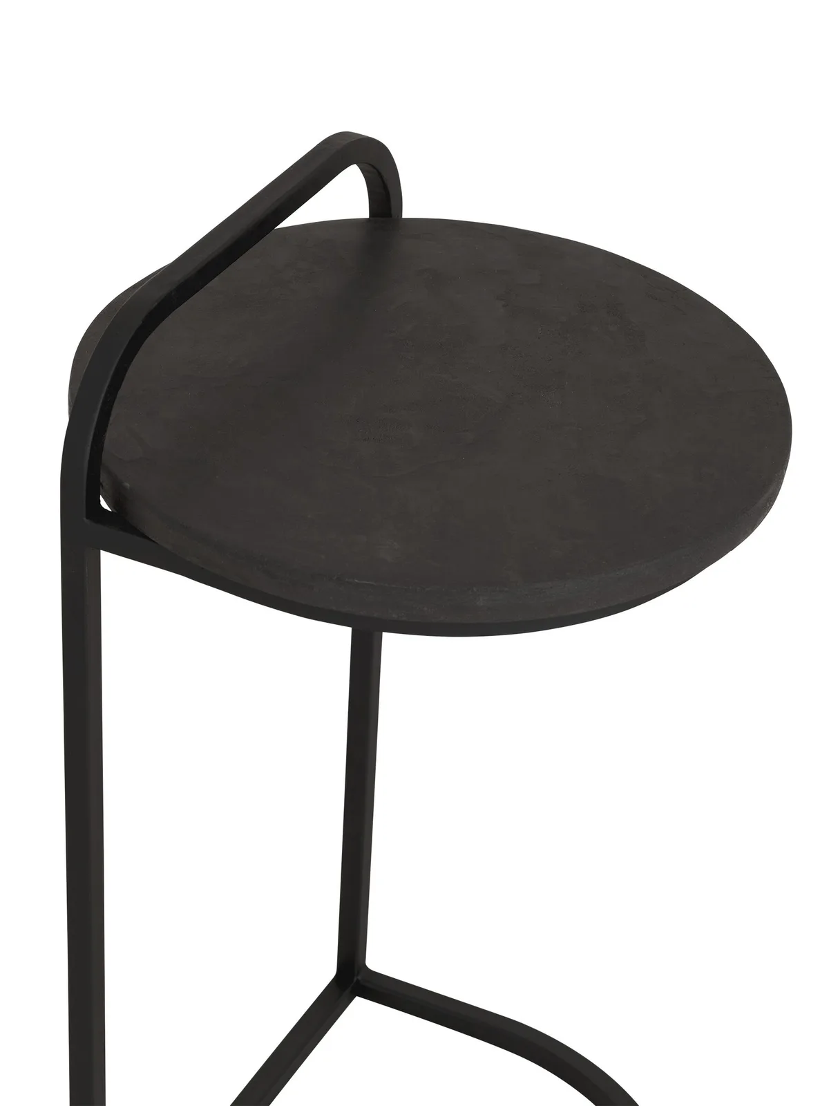 Detail van de Laptoptafel Soho 2 met het ronde, donkere tafelblad en de metalen handgreep - DTP Home