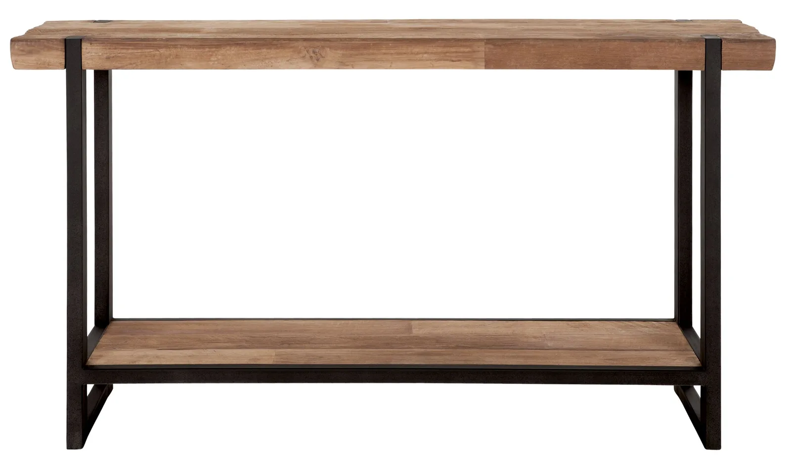 Sidetable Beam op witte achtergrond, frontaal gefotografeerd, met houten bladen en zwart metalen frame - DTP Home