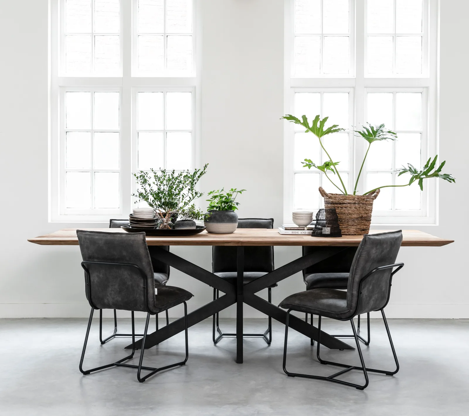 Der Esstisch Curves in einem hellen Studio mit schwarzen Stühlen und Pflanzen auf dem Tisch - DTP Home