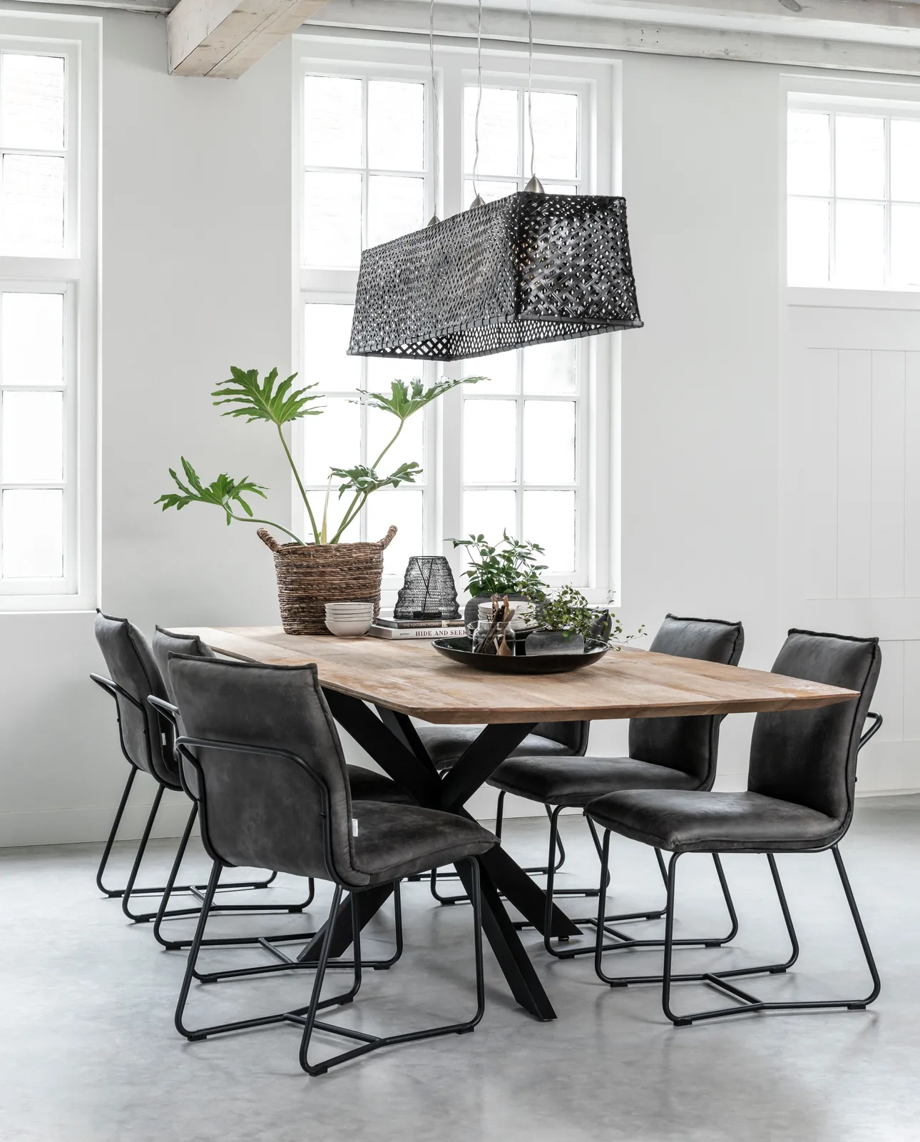 Esstisch Curves in einem hellen Esszimmer mit sechs Stühlen und Pflanzen auf dem Tisch - DTP Home