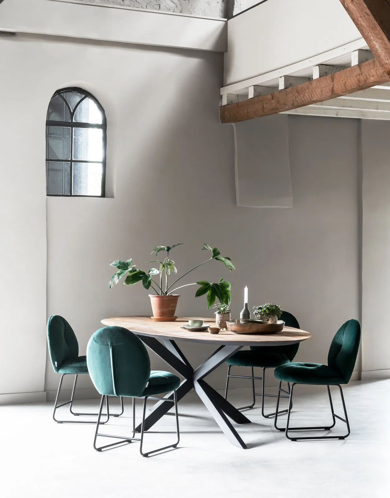 Der runde Esstisch Shape in einem hellen Esszimmer mit vier grünen Stühlen und Pflanzen - DTP Home