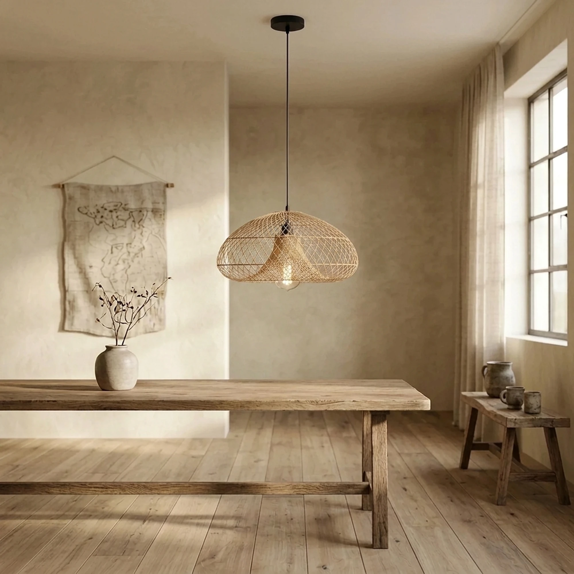 Hängeleuchte Pendant lamp Cala Salada small in einem rustikalen Esszimmer über einem Holztisch - MUST Living