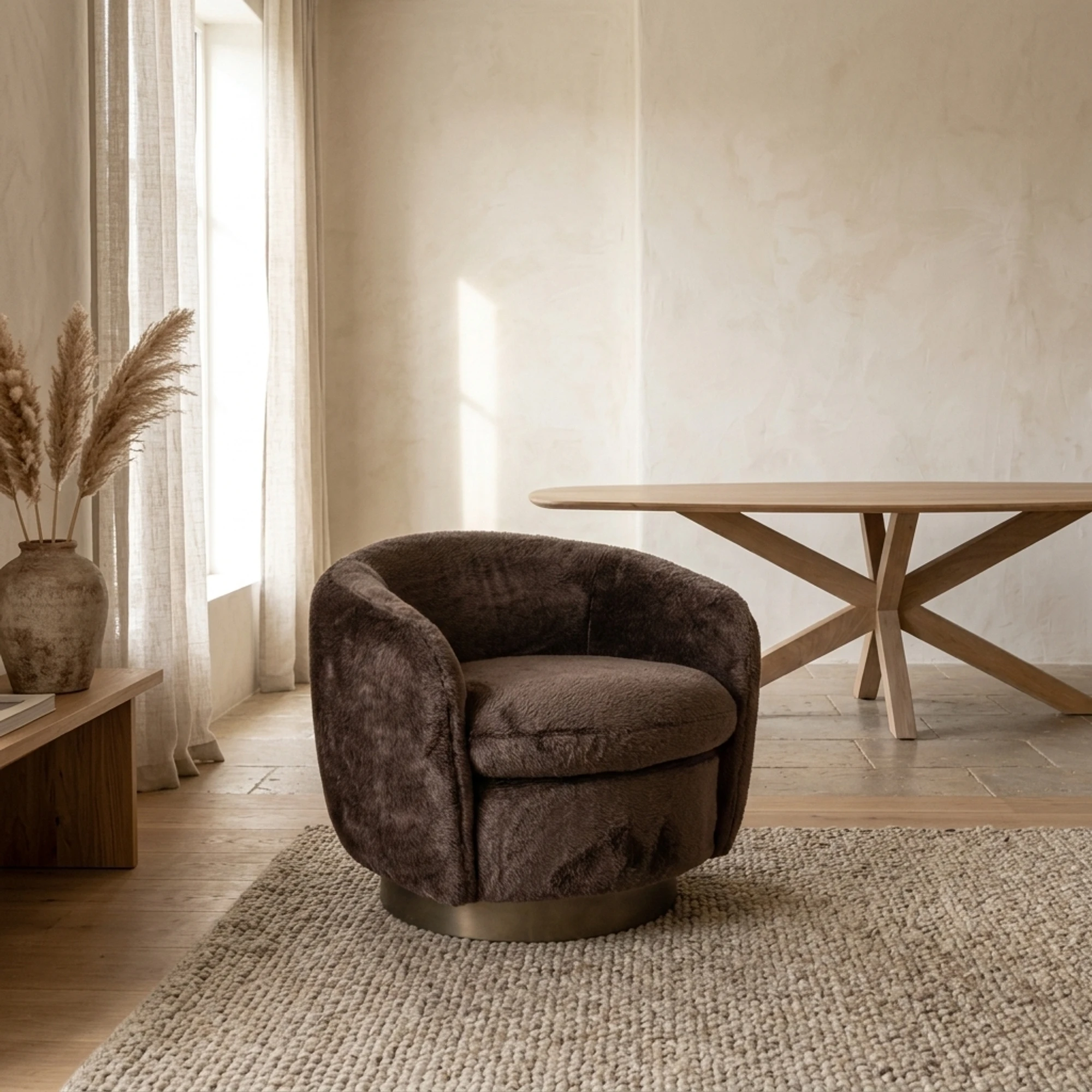 Sillón lounge Colmar chocolate de tejido fluffy giratorio - Richmond Interiors