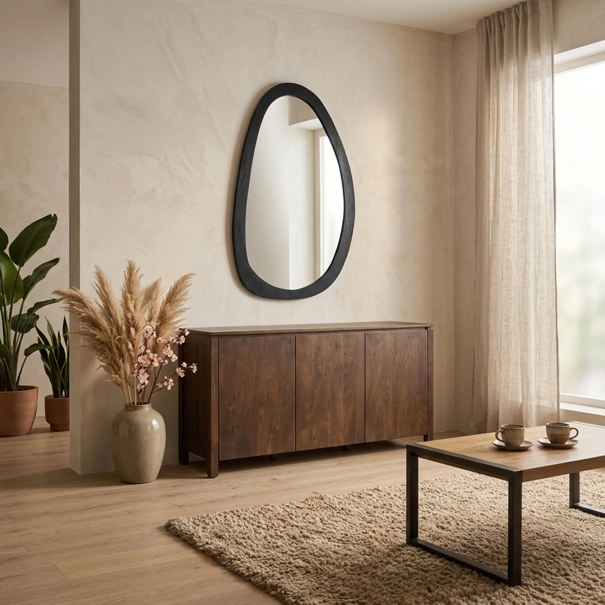Organic Wall Mirror Lou, Black Mango Wood 60 cm - Starfurn