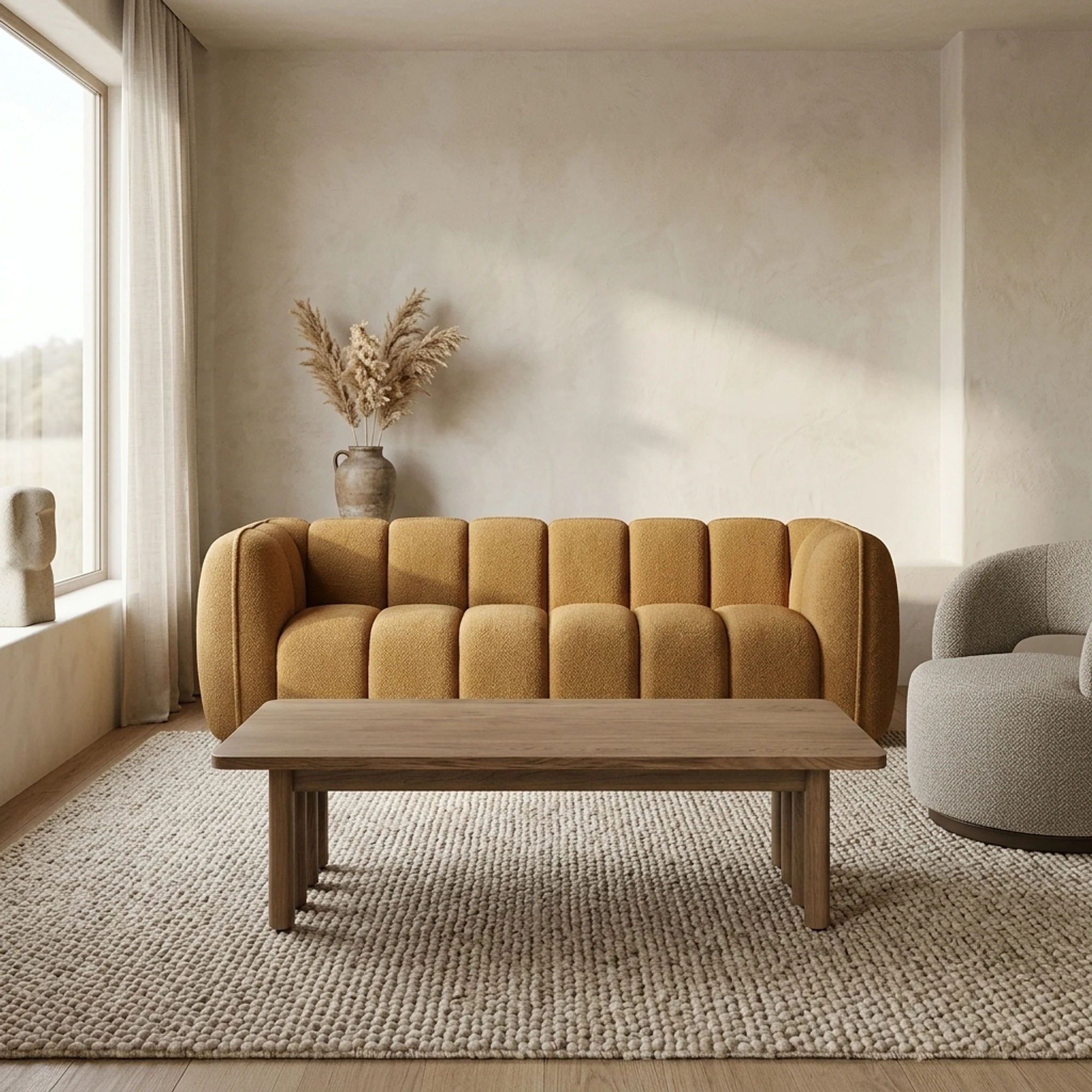 Couchtisch Jake Eiche in einem hellen Wohnzimmer mit einem senfgelben Sofa und einem beigefarbenen Sessel - Eleonora - Braun