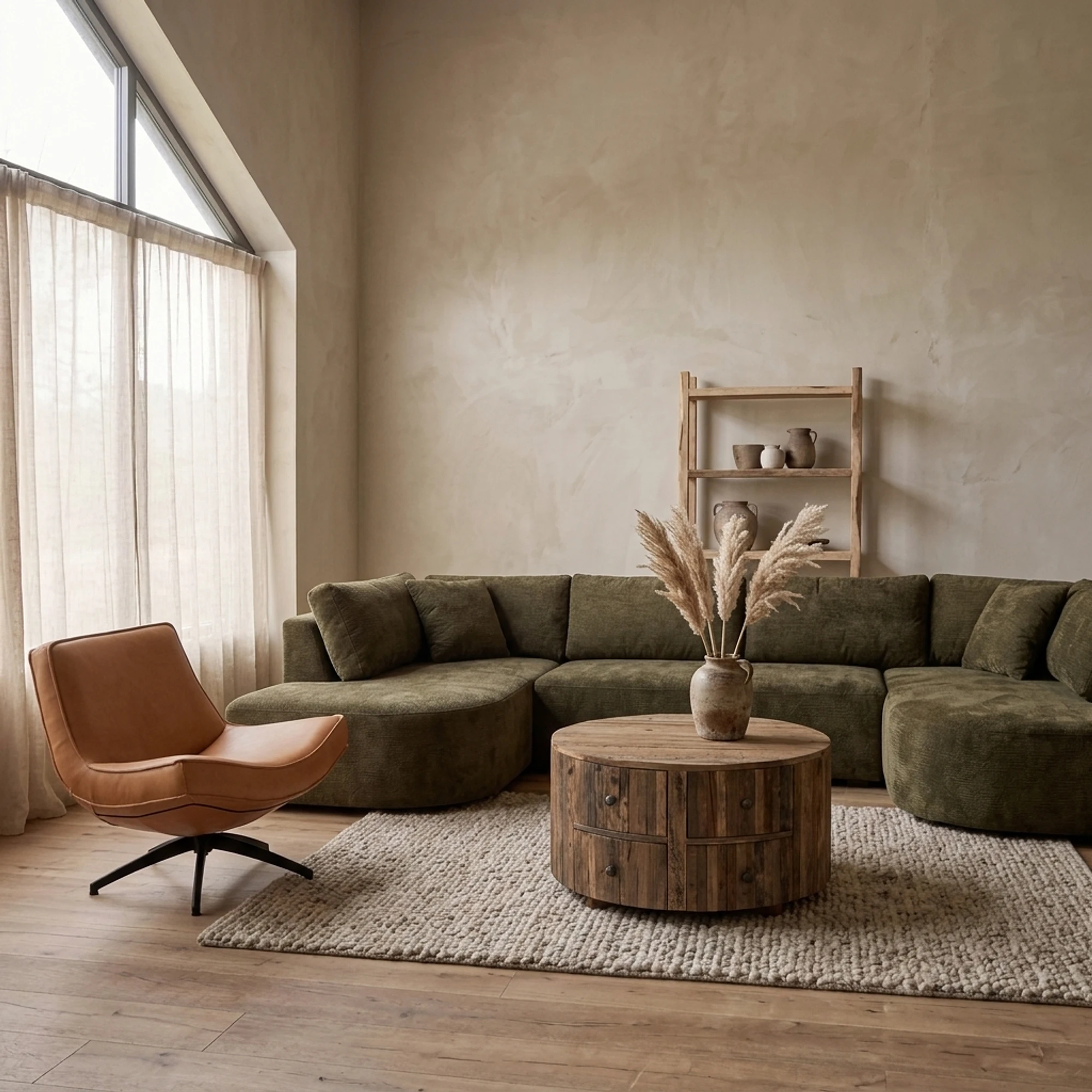 Der runde Couchtisch Roots mit vier Schubladen in einem stimmungsvollen Wohnzimmer mit grünem Sofa und Ledersessel - Benoa