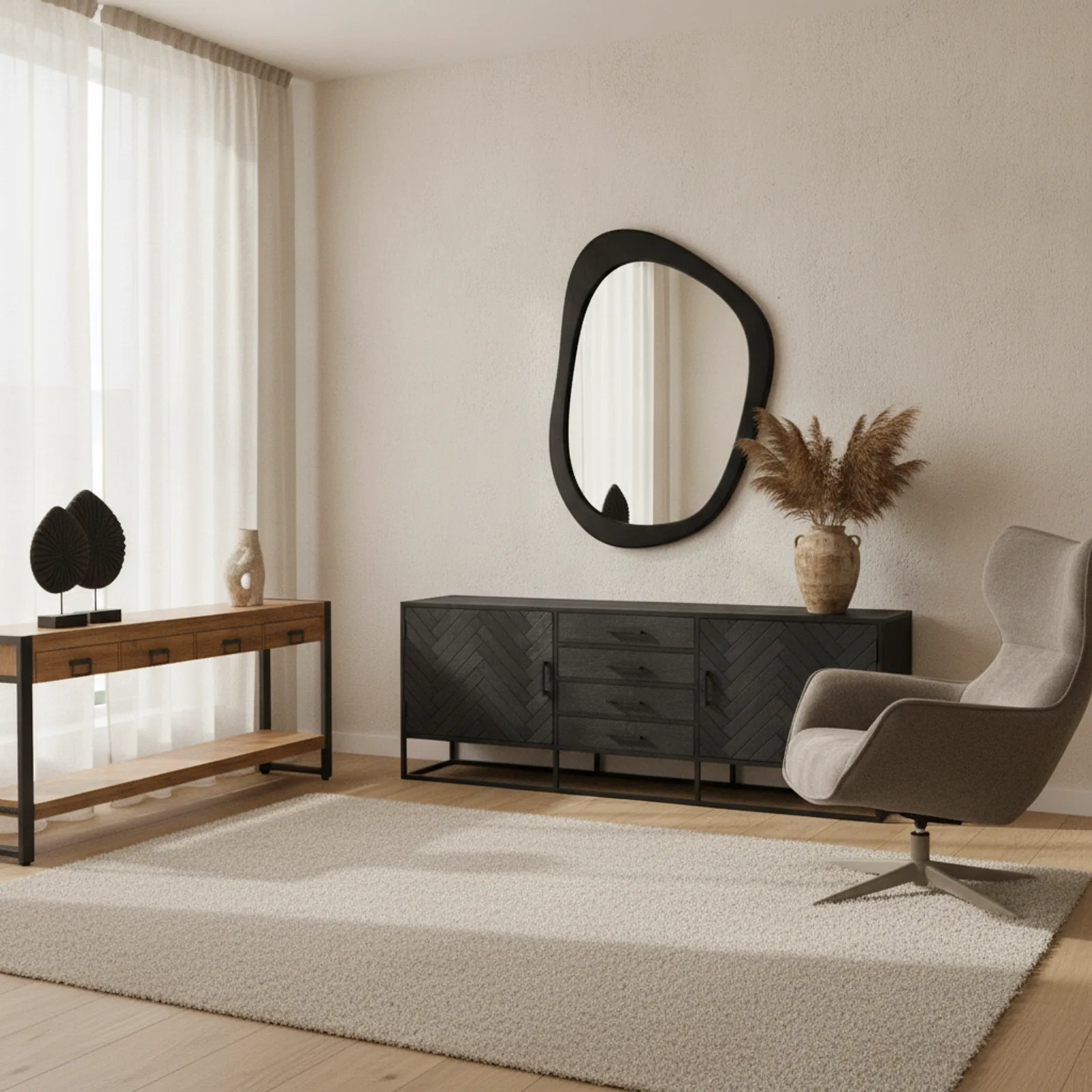 Organic Wall Mirror Lou, Mango Wood Black 70 cm - Starfurn