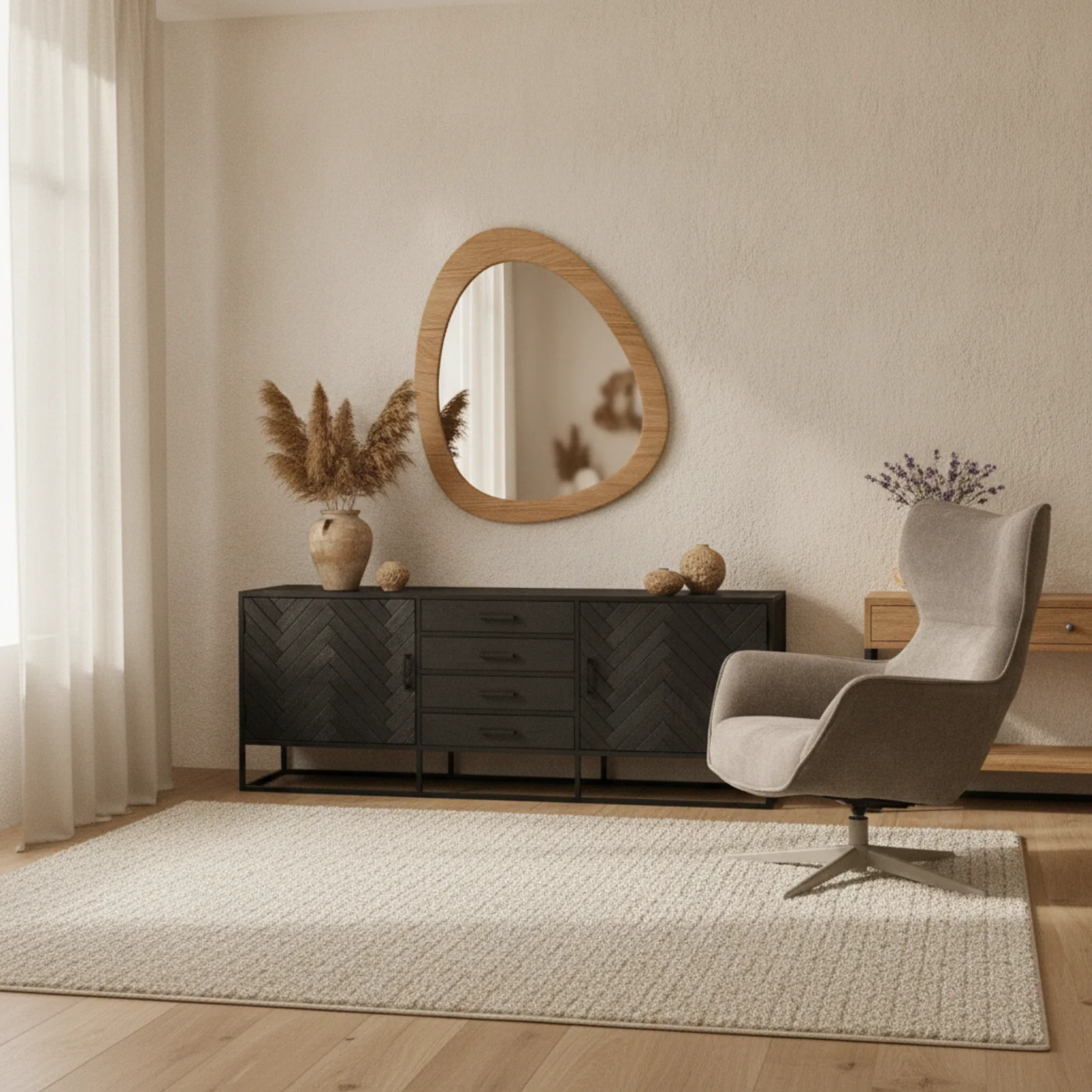 Organic Wall Mirror Lou, Mango Wood with Sand Finish 60 cm - Starfurn