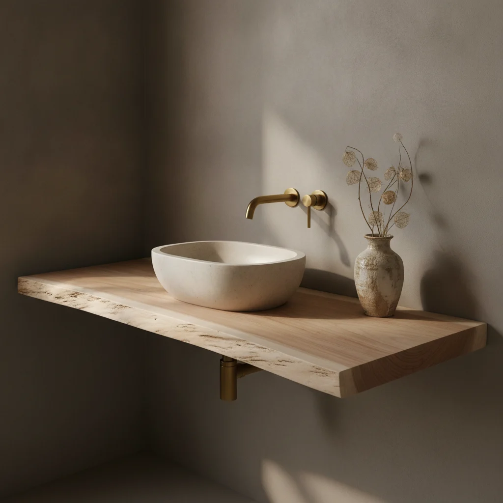 Tischplatte Doppel Live Edge Suar als Badezimmermöbel mit Waschbecken und goldenem Wasserhahn - Benoa