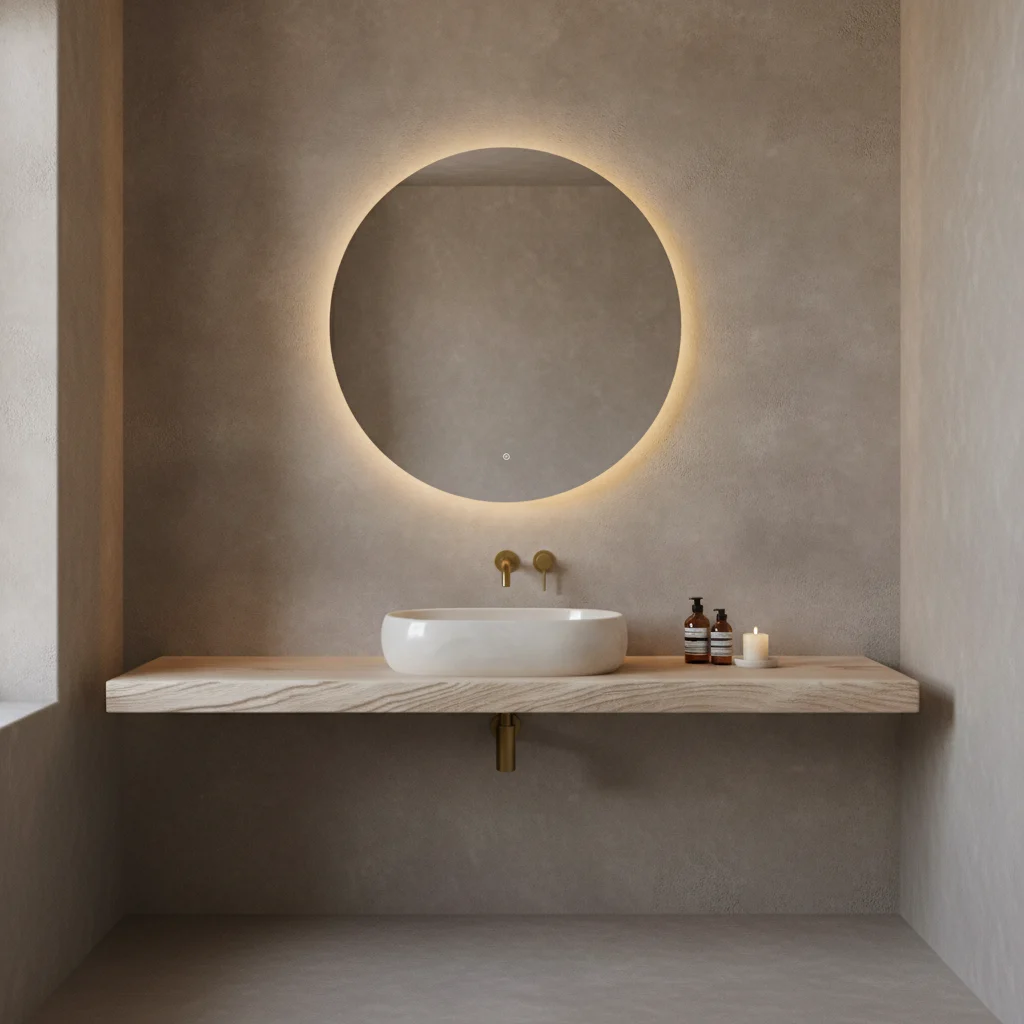 Tischplatte Doppel Live Edge Suar als Badezimmermöbel mit weißem Waschbecken und goldenen Armaturen - Benoa