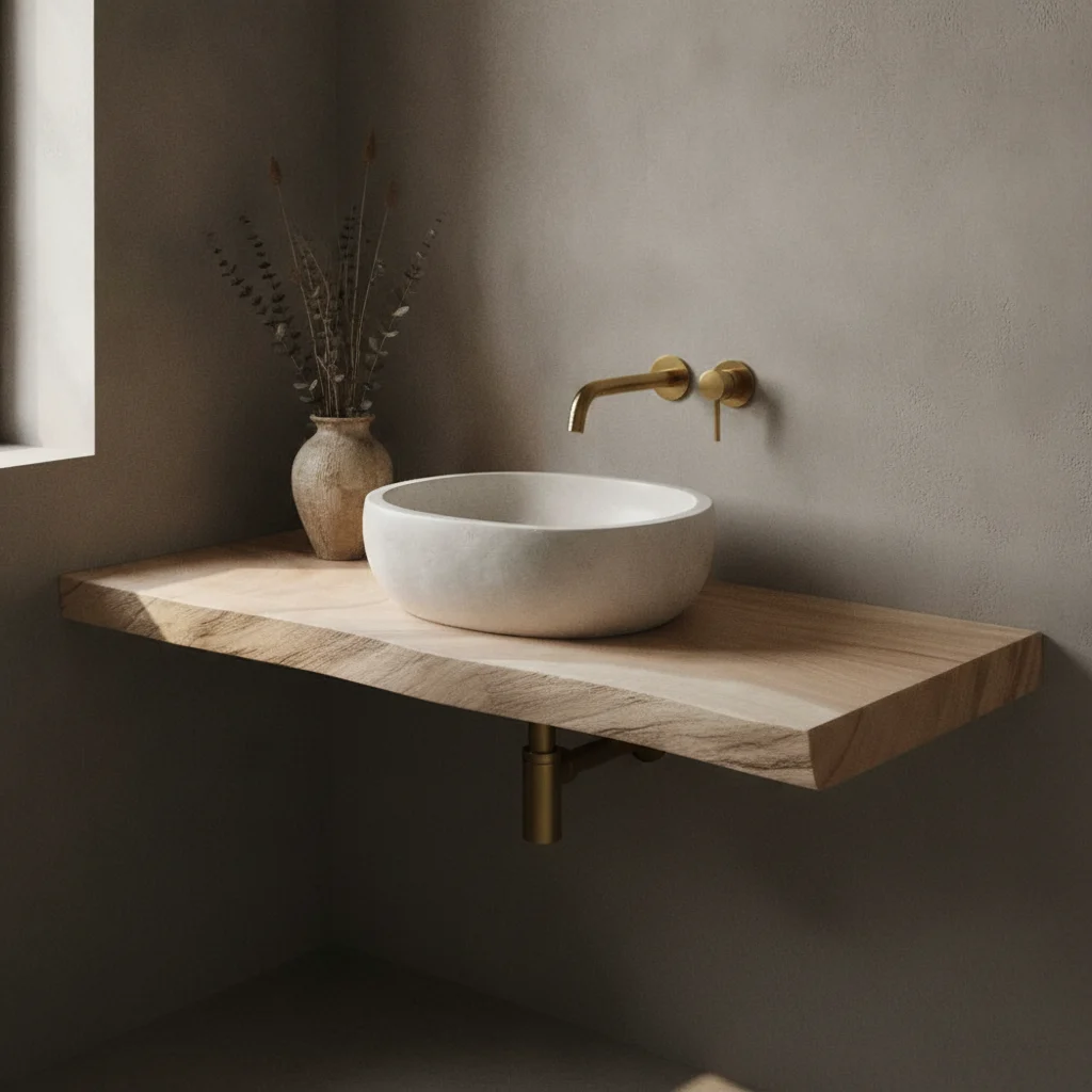 Tischplatte Einfach Live Edge Suar in einem Badezimmer mit Waschbecken und goldenem Wasserhahn - Benoa