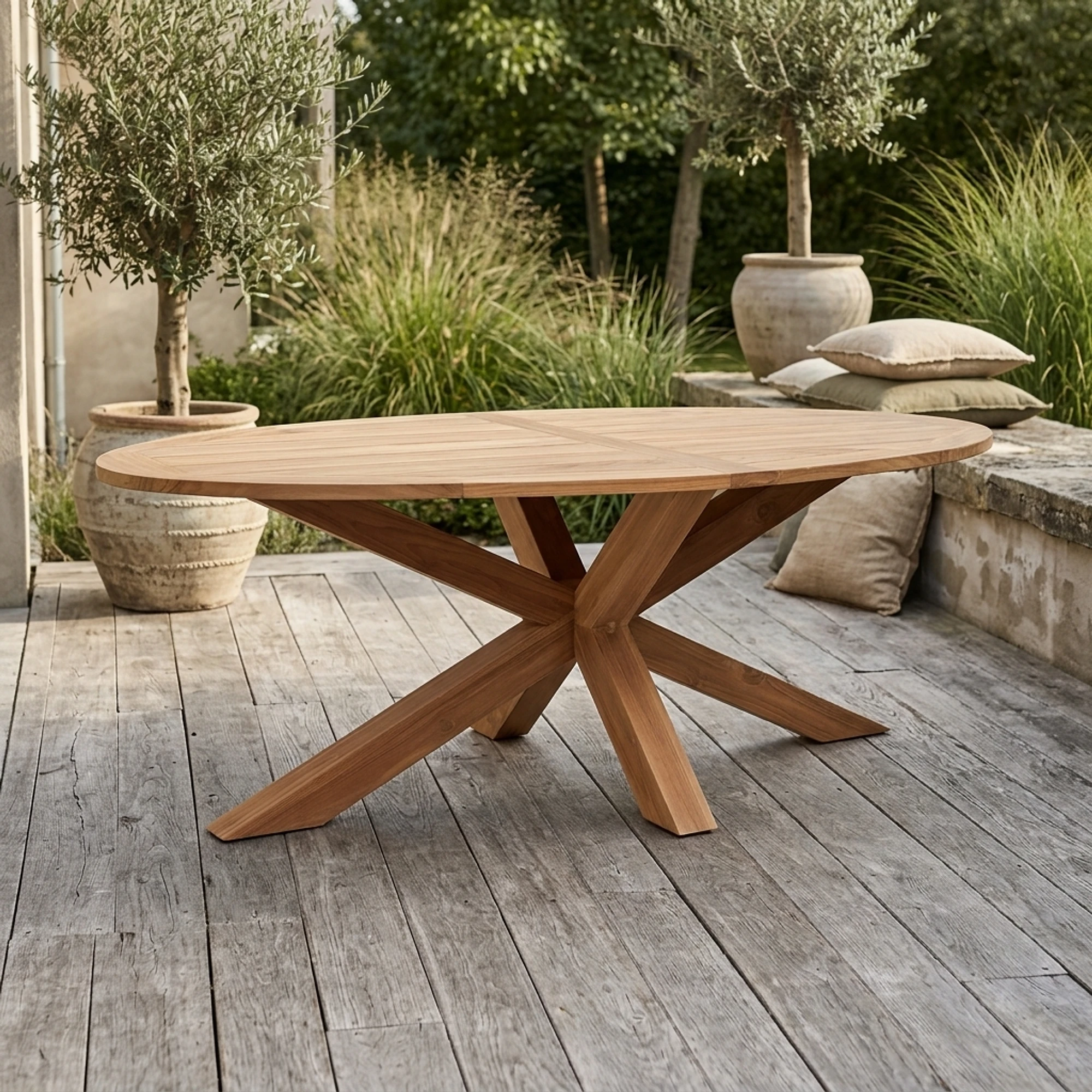 Ovaler Gartenesstisch Teak mit hölzernem Kreuzsockel 220 cm - Benoa
