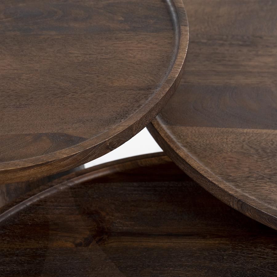 Nahaufnahme der runden Platten des Couchtisch Ron Mangoholz, mit natürlicher Holzmaserung und Kanten - Eleonora