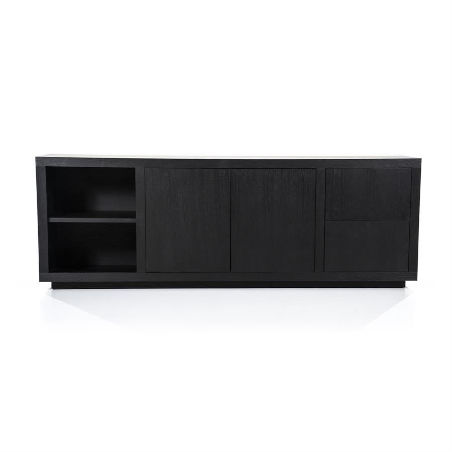 Sideboard Helsinki Eiche auf weißem Hintergrund, mit zwei offenen Fächern und drei geschlossenen Türen - Eleonora