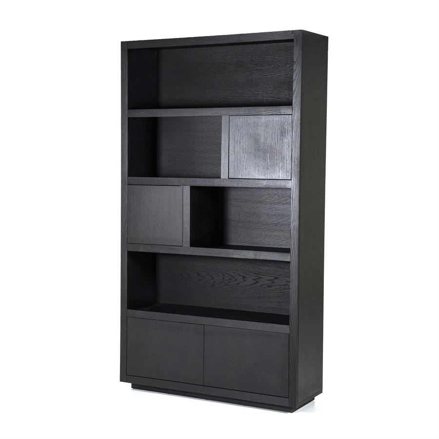 Schrank Helsinki Eiche auf weißem Hintergrund, mit asymmetrischem Design und verschiedenen offenen und geschlossenen Fächern - Eleonora