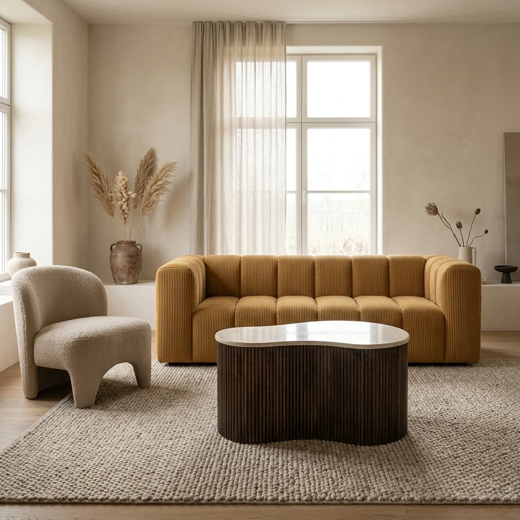 Couchtisch Mari Mangoholz in einem hellen Wohnzimmer mit einem senfgelben Sofa und einem cremefarbenen Sessel - Eleonora