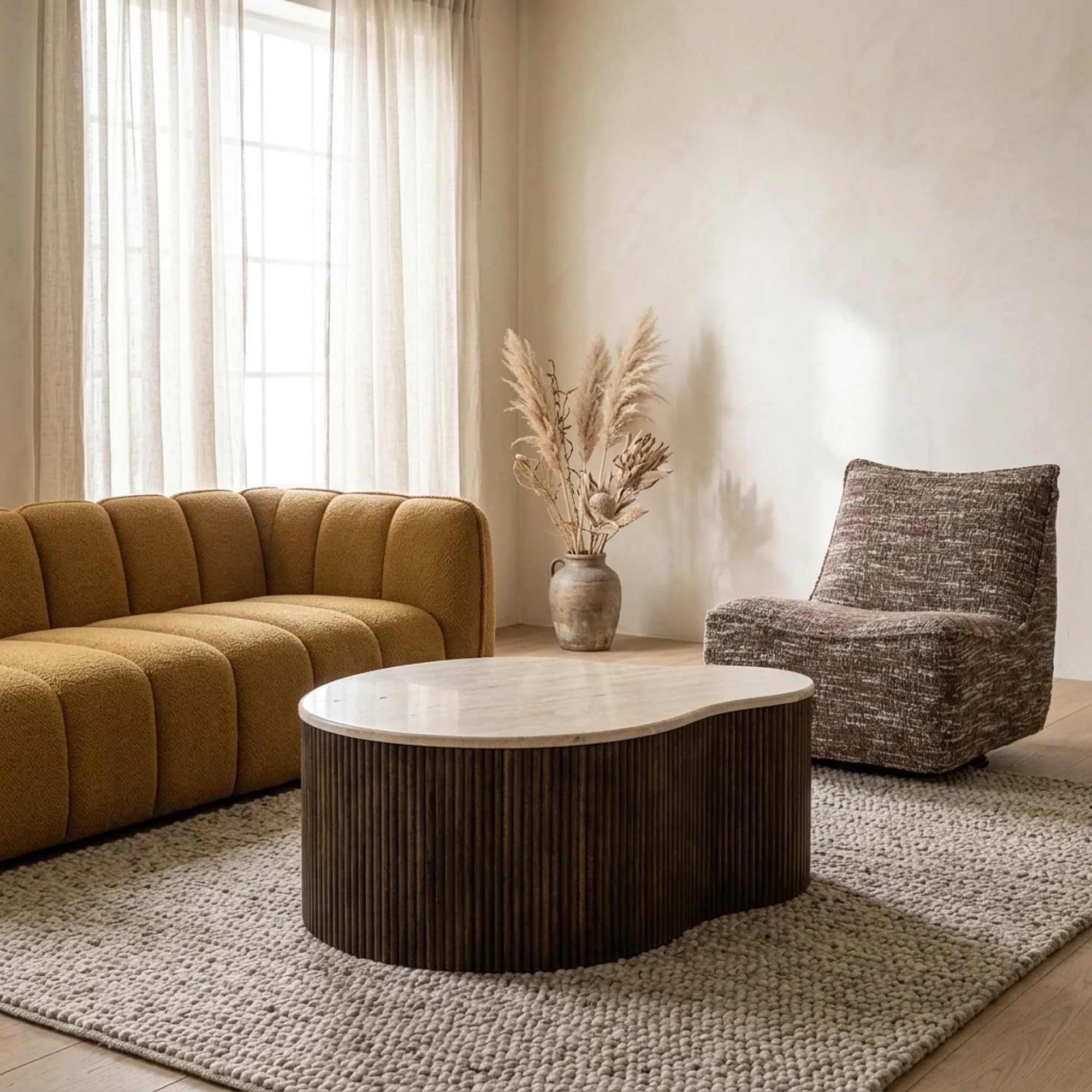 Couchtisch Mari Mangoholz in einem hellen Wohnzimmer mit einem senfgelben Sofa und einem braunen Sessel - Eleonora