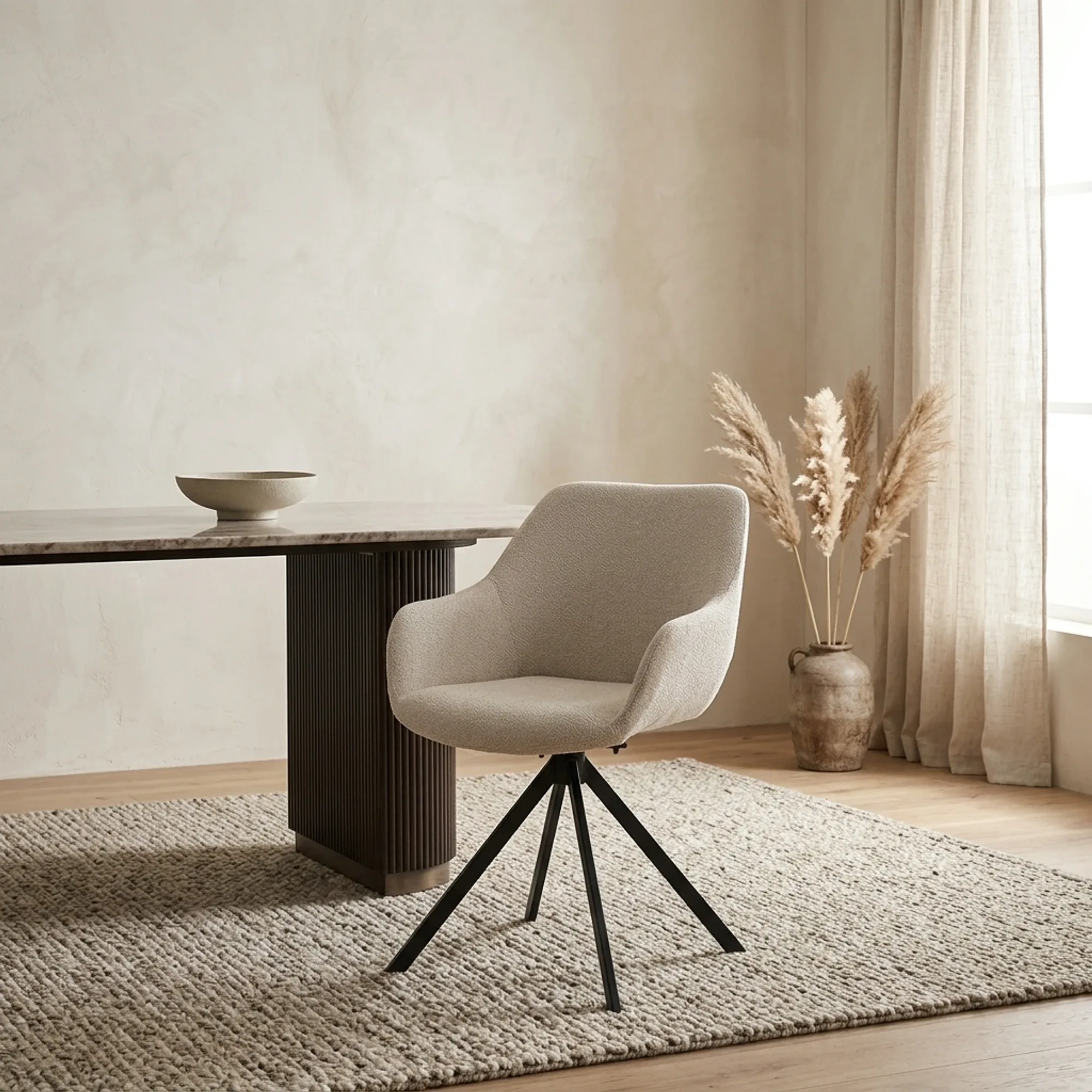 Stuhl Mamé Houston in einem modernen Wohnzimmer mit einem Tisch, Teppich und dekorativen Pampasgras - Eleonora