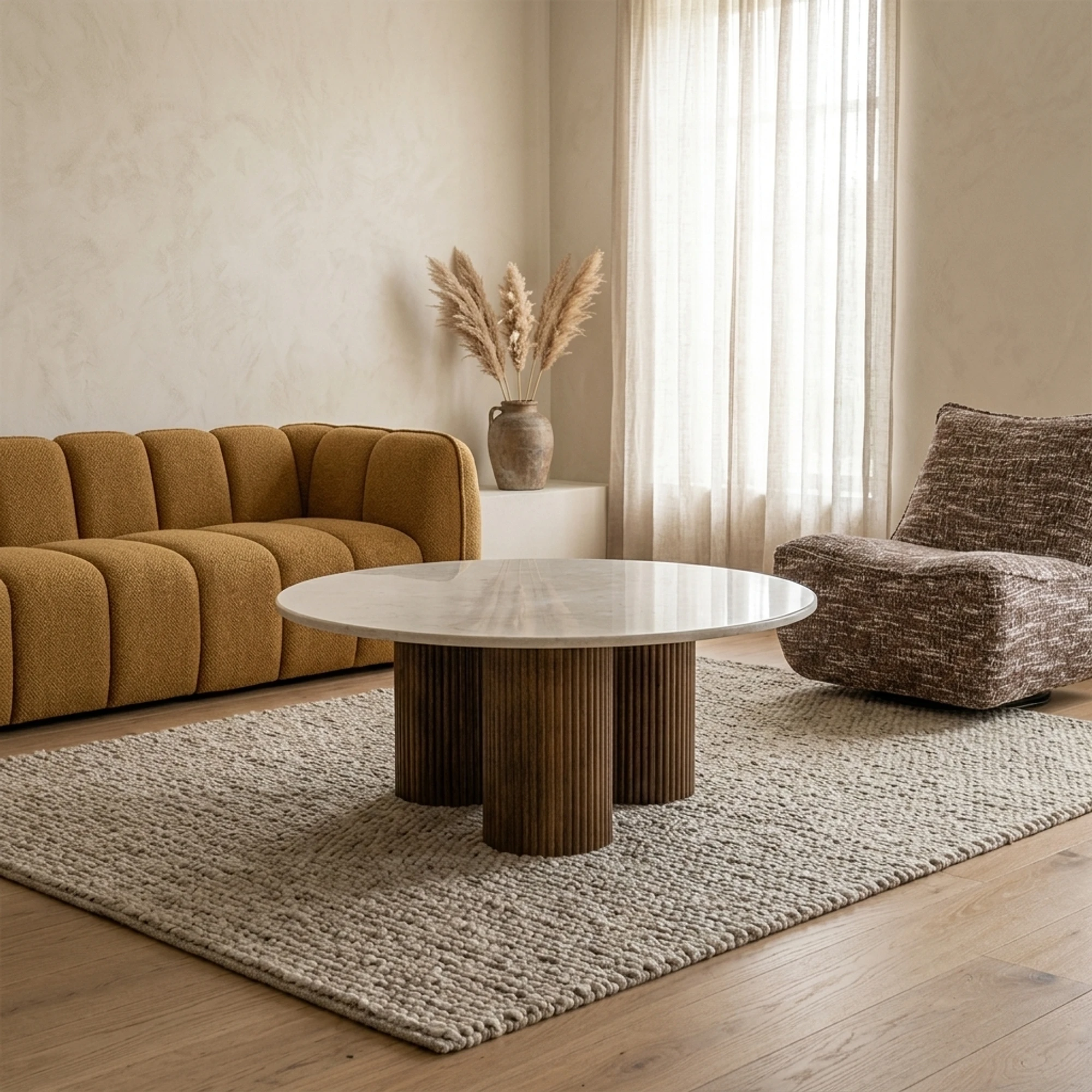 Couchtisch Xavi Marmor in einem stimmungsvollen Wohnzimmer mit einem senfgelben Sofa und einem braunen Sessel - Eleonora