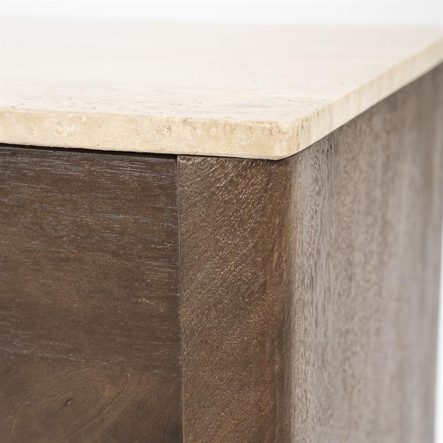 Detailaufnahme der hellen Oberseite und dunkelbraunen Seite des TV-Möbel Lio 170 cm 2-türig Mangoholz - Eleonora