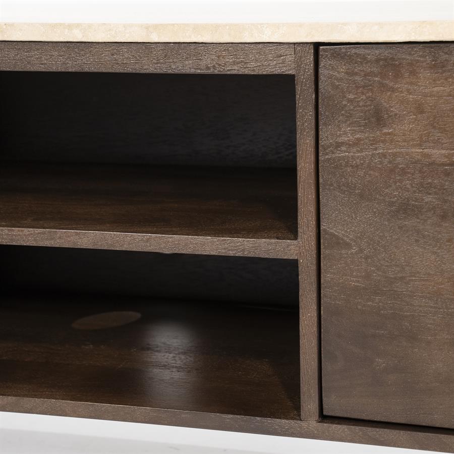 Detailaufnahme des TV-Möbel Lio 200 cm, mit den offenen Fächern und einer geschlossenen Schublade - Eleonora