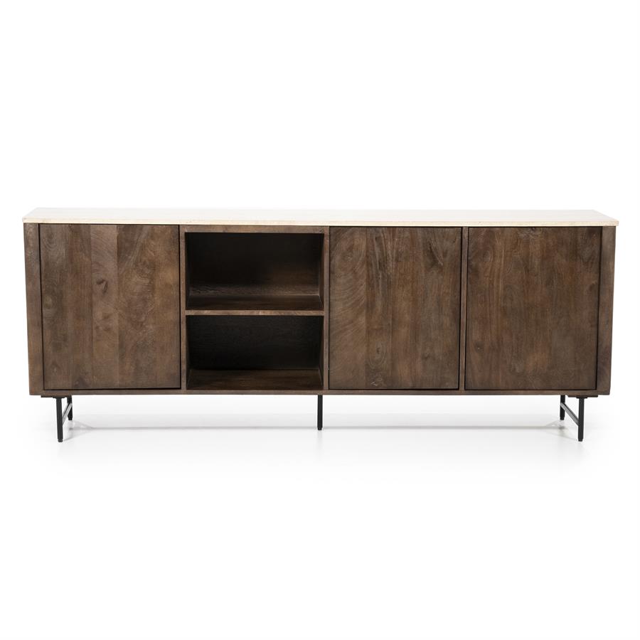 Sideboard Lio 3-türig Mangoholz auf weißem Hintergrund, mit heller Platte und dunklen Beinen - Eleonora