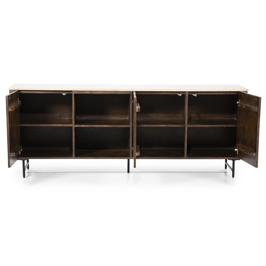 Sideboard Lio 3-türig Mangoholz mit geöffneten Türen und Blick auf die Regalböden, auf weißem Hintergrund fotografiert - Eleonora