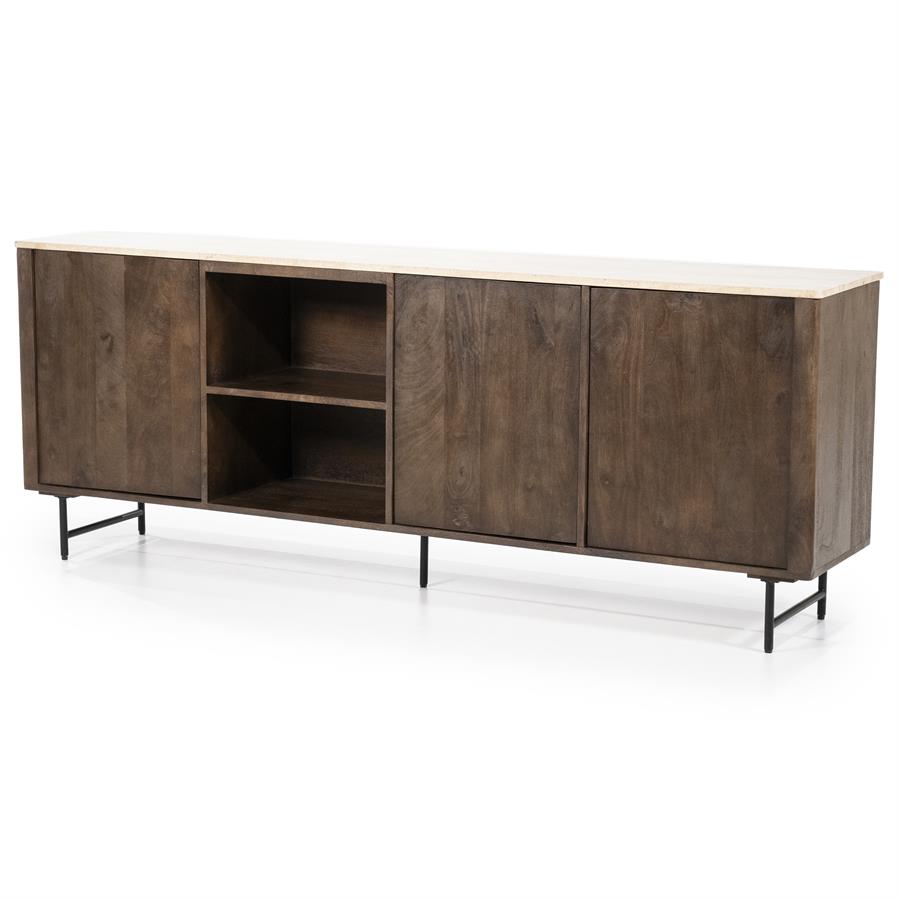 Sideboard Lio 3-türig Mangoholz auf weißem Hintergrund, mit drei Türen und offenen Fächern, von vorne fotografiert - Eleonora
