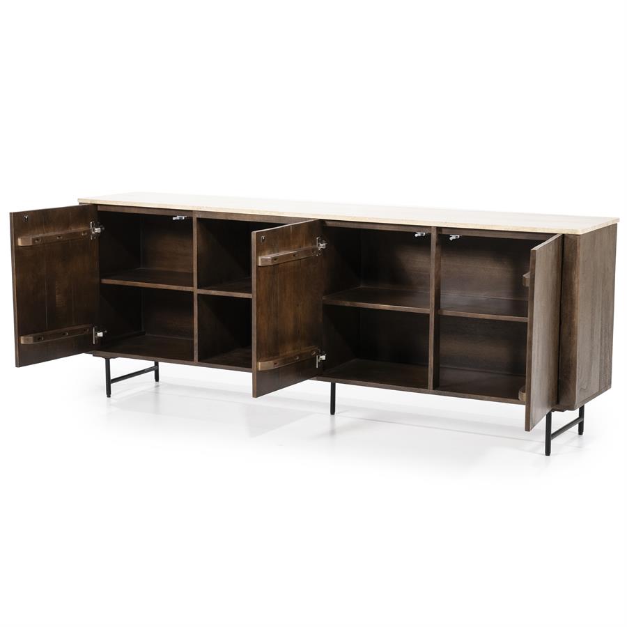 Sideboard Lio 3-türig Mangoholz mit geöffneten Türen und Blick auf die Regalböden, auf weißem Hintergrund - Eleonora