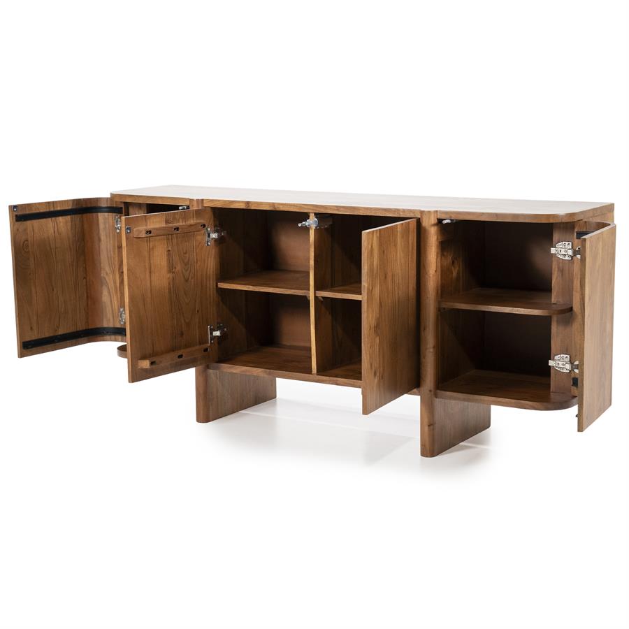 Sideboard Julian 4-türig Akazienholz mit allen offenen Türen auf weißem Hintergrund - Eleonora