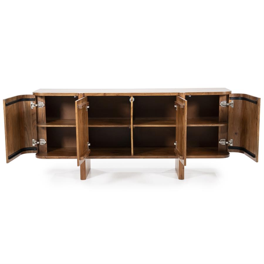 Sideboard Julian 4-türig Akazienholz auf weißem Hintergrund, alle vier Türen offen mit Blick auf die Einlegeböden - Eleonora