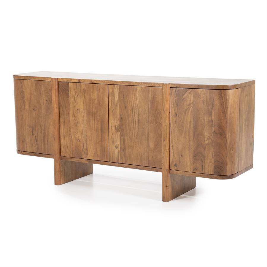 Sideboard Julian 4-türig Akazienholz auf weißem Hintergrund, Vorder- und Seitenansicht sichtbar - Eleonora