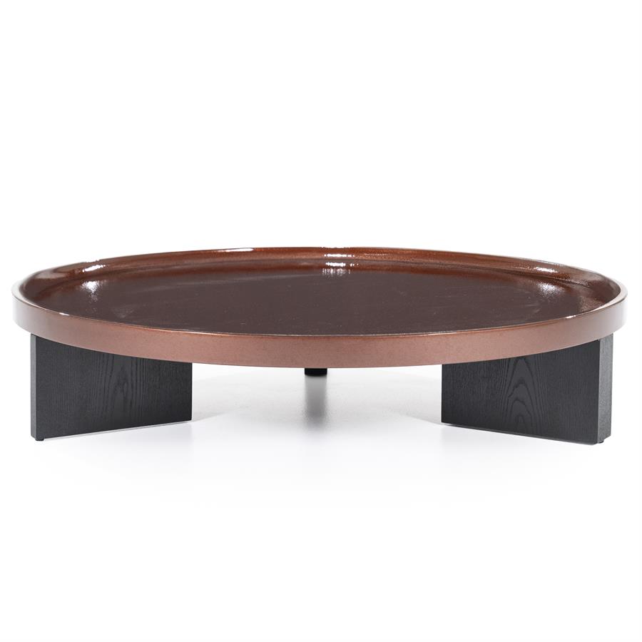 Couchtisch Mayson MDF mit einer runden, braunen Platte und dunklen Holzbeinen auf weißem Hintergrund - Eleonora